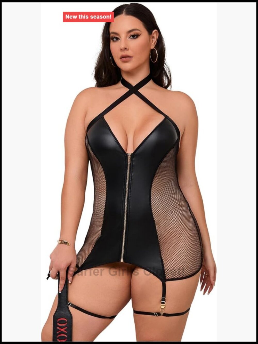 Plus Size Faux Leather Lingerie Set with Garter, Sheer Babydoll Bodycon Dress